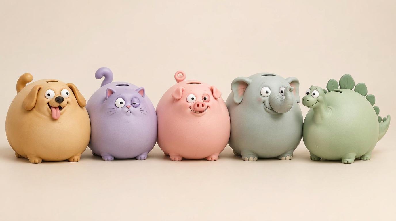 Five oversized animal coin banks for kids, lined up together